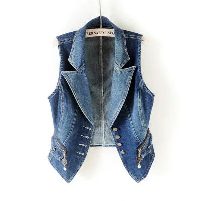 

2021 Summer New Style Suit Collar Sleeveless Denim Vest Women Short Vest Waistcoat Motorcycle Waistcoat Jacket, Blue black