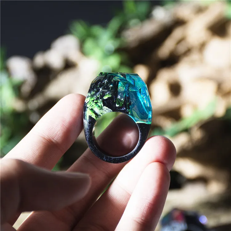 

Wood ring with beautiful world Wooden rings for women Wood resin Terrarium ring jewelry