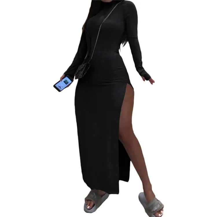 High Quality Solid Color Split Bodycon Sexy Dress Women Long Sleeve