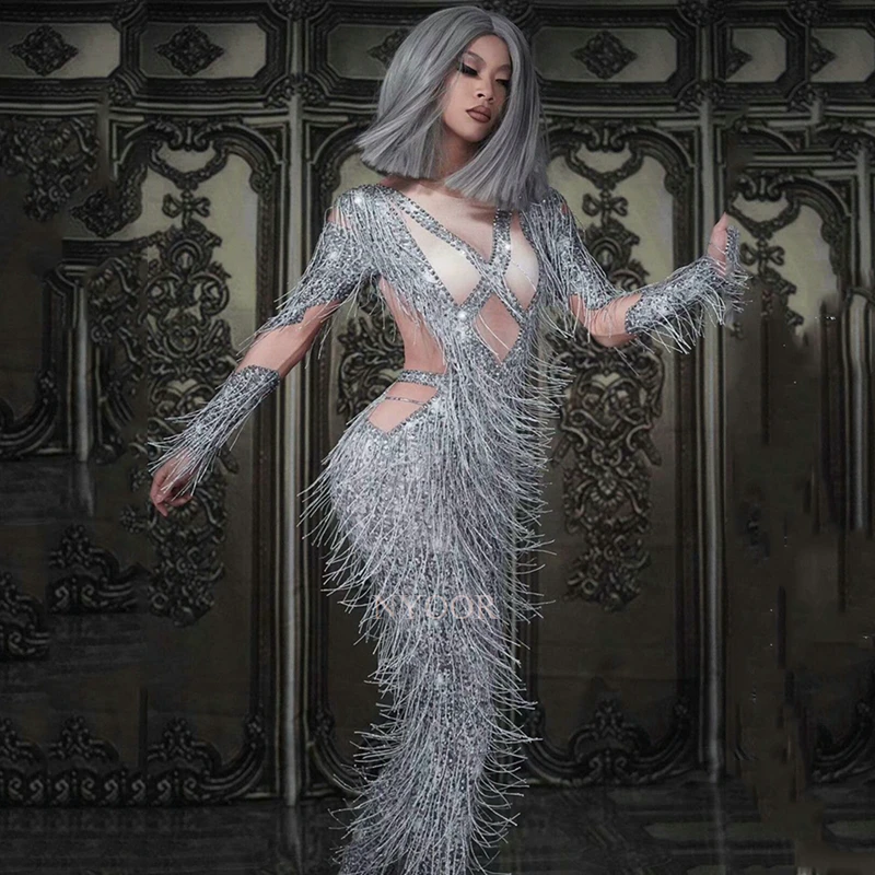 

Long Bodysuit Shiny Rhinestone Tassel Jumpsuit Birthday Party Prom Club