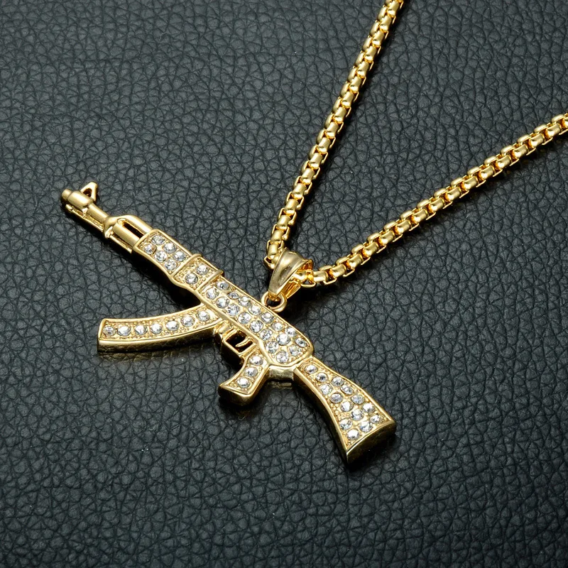 

Statement Real Gold Plated Titanium Steel Gun Pendant Necklace Rhinestone Crystal AK 47 Necklace For Men Party
