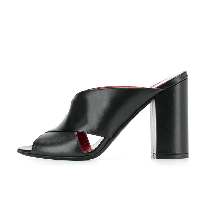 

Women Peep Toe Black PU Leather Slides Chunky Block Heel Large Size Mules