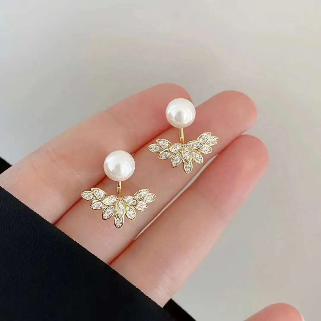 7-8mm Natural Freshwater Pearl Earrings Front Rear Wing Design Bread Pearl Earrings 925 Pure Silver Needles Front Pearl Earrings