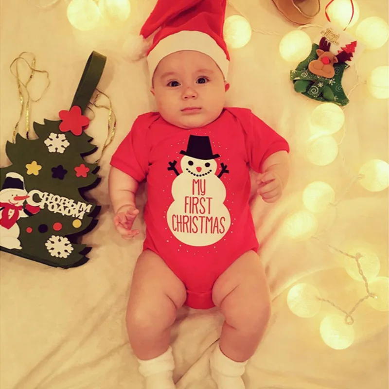 

2021 short sleeve Christmas snowman printed cotton newborn infant baby boy girl romper with hat baby romper 2pcs set outfit, Colors