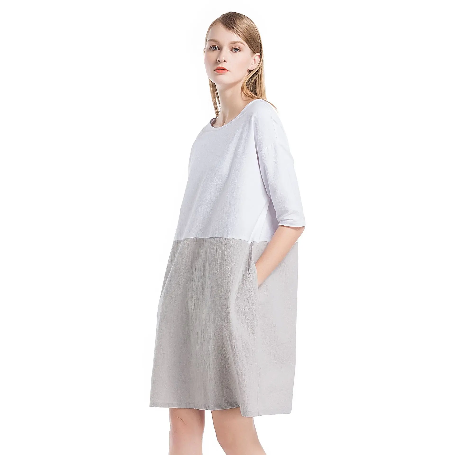 

Women clothing plus size 3/4 sleeve casual loose linen top shirt dress, 5 colors