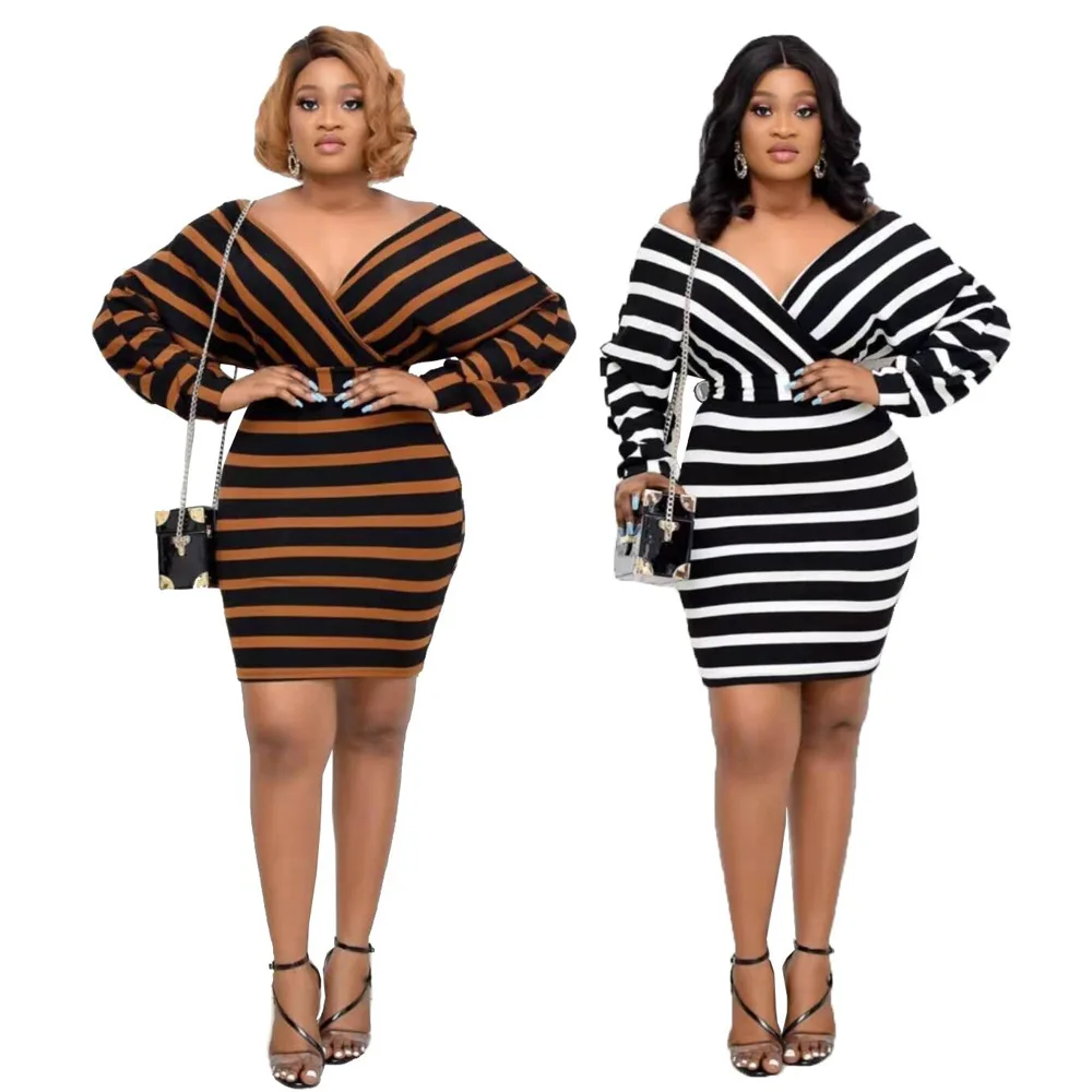 

Foma Clothing New arrival 2021 with belt stripe V neck office sexy women fashion plus Size Dress, As pictures