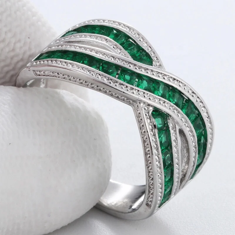 

For Women Green Stone Rings Jewelry Wedding Engagement Gift Luxury Inlaid Stone Ring Cubic Zirconia Emerald Ring, Picture