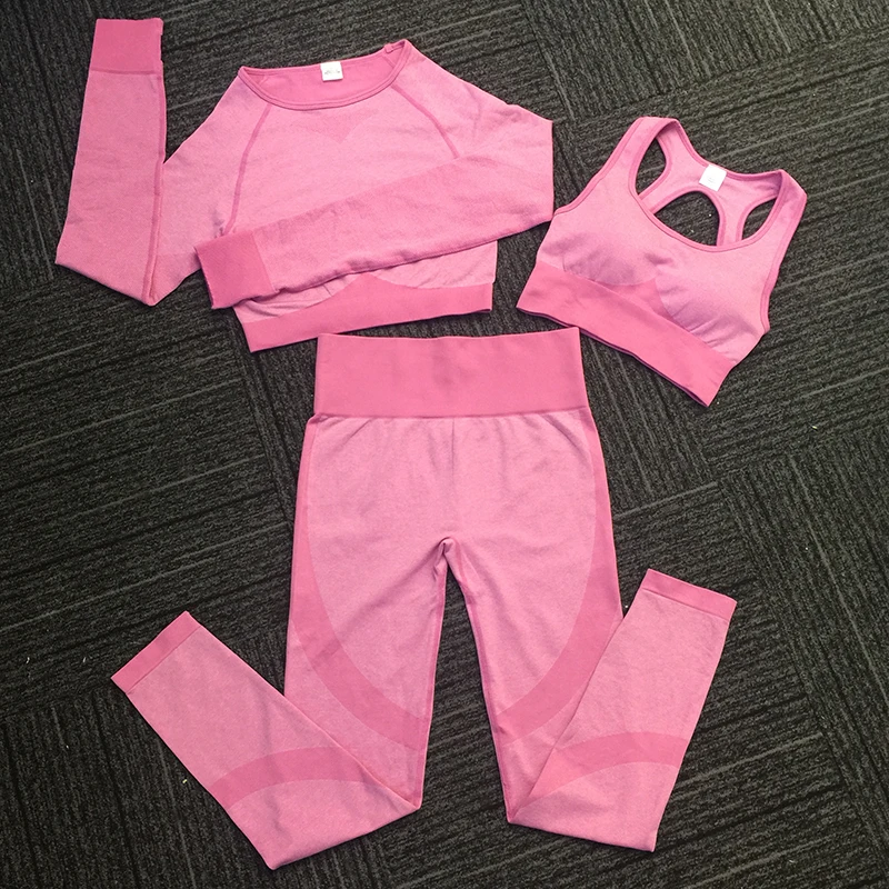 3 Piece Fitness and Yoga Wear Set Women Seamless High Waisted Compression Gym Wear Suits