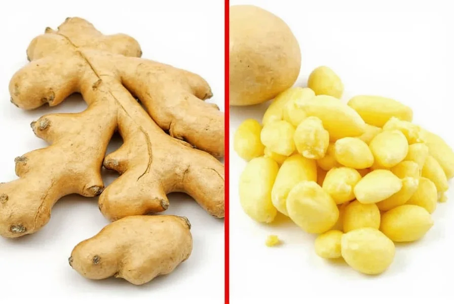 Side-by-side comparison of fresh ginger and galangal rhizomes showing their physical differences