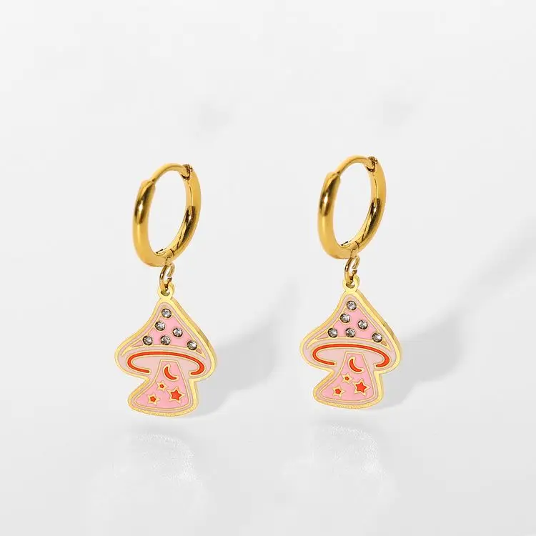 

INS fashion Stainless Steel Jewerly 18K Gold Diamond Pink Enamel Mushroom Earrings for girls