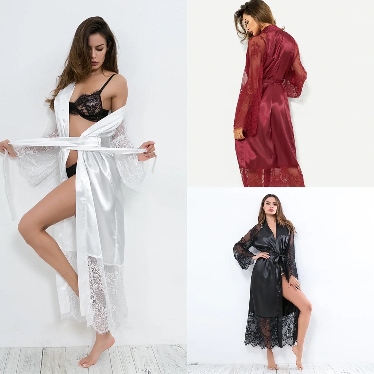 

Wholesale Women Clothing Lingerie Robes Plus Size Sexy Lace Lingerie Robes Satin Lingerie Set, Picture shows