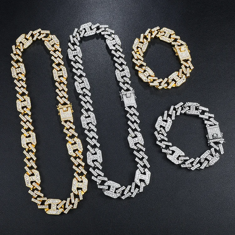 

Hot sale Hip Hop Bling AAA+ Iced Out Alloy Rhinestones Coffee Bean Prong Cuban Link Chain Bracelet For Men Jewelry