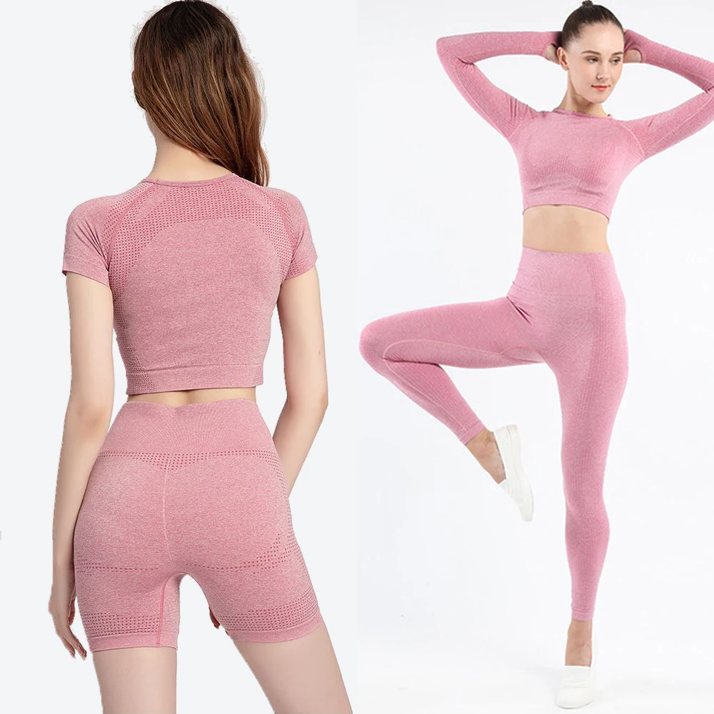 

Yoga Suit Long Sleeve Bra Short Sleeve Trousers Shorts High Waist Leggings Gym Exercise Sports Running Fitness Set 5 Piece, Picture shows