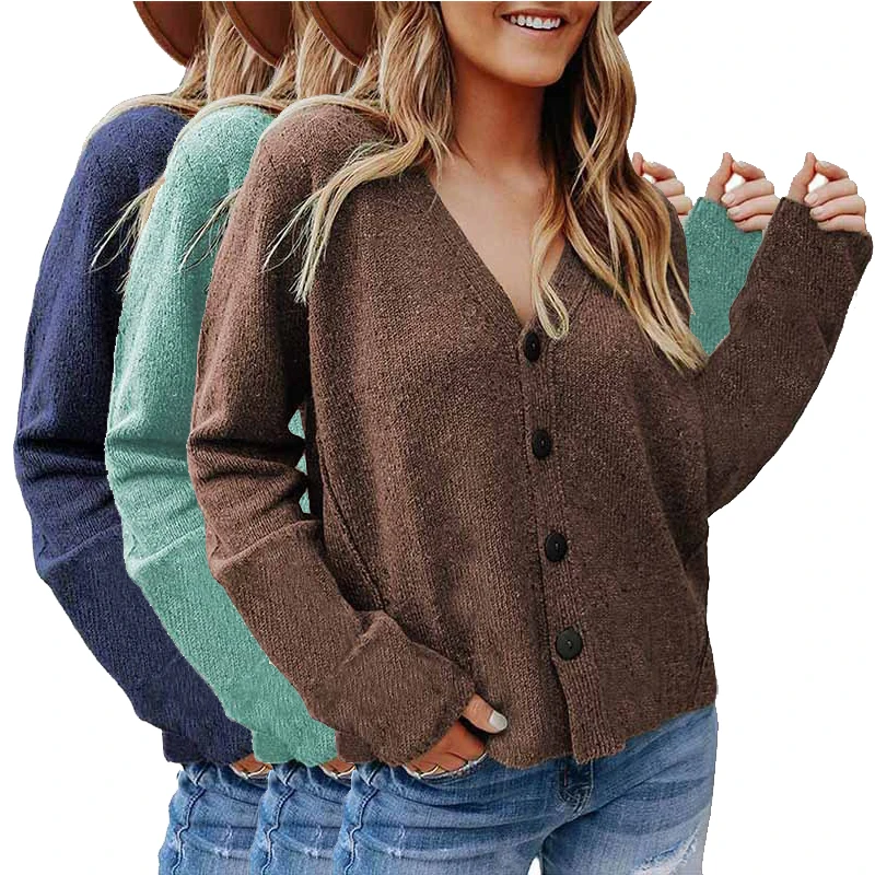 

Black Navy Green Solid Color Button Jacquard Knit Fall Autumn Short Women Cardigan Sweater, 7 colors