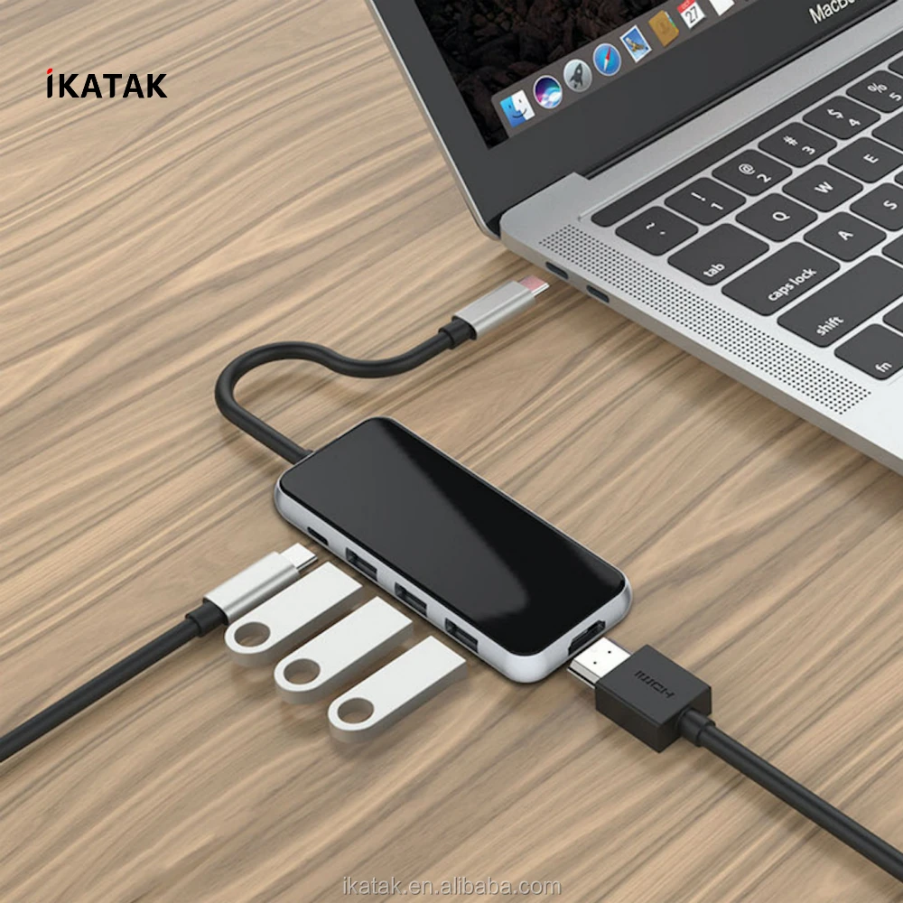 IKATAK 2020 New Aluminum Acrylic USB-C Adapter 3 USB3.0 HDMI PD Charging USB C Hub