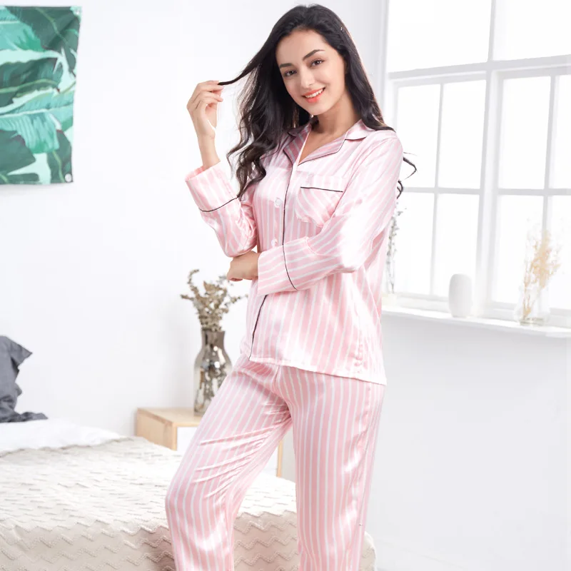 Ladies Plain Pastel Pink Satin Silky Soft PJs Pyjamas Full Length Long Sleeve 