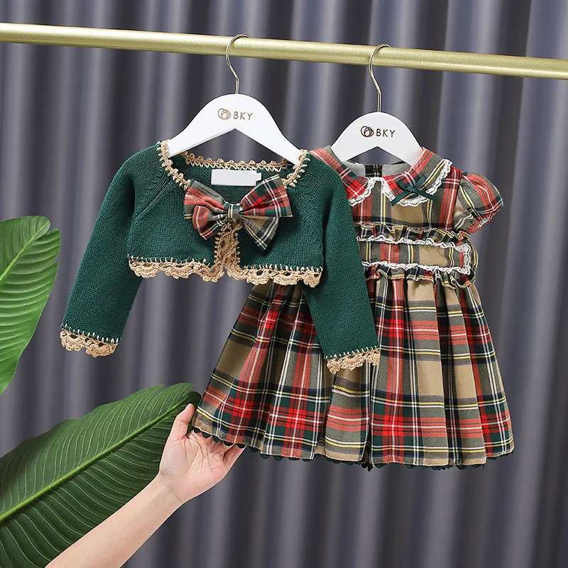 

2021 Autumn Girls Spanish Clothes Set Baby Plaid Cotton Sleeveless Dress and Knitted Cardigan Spain Boutique Christmas Outfits