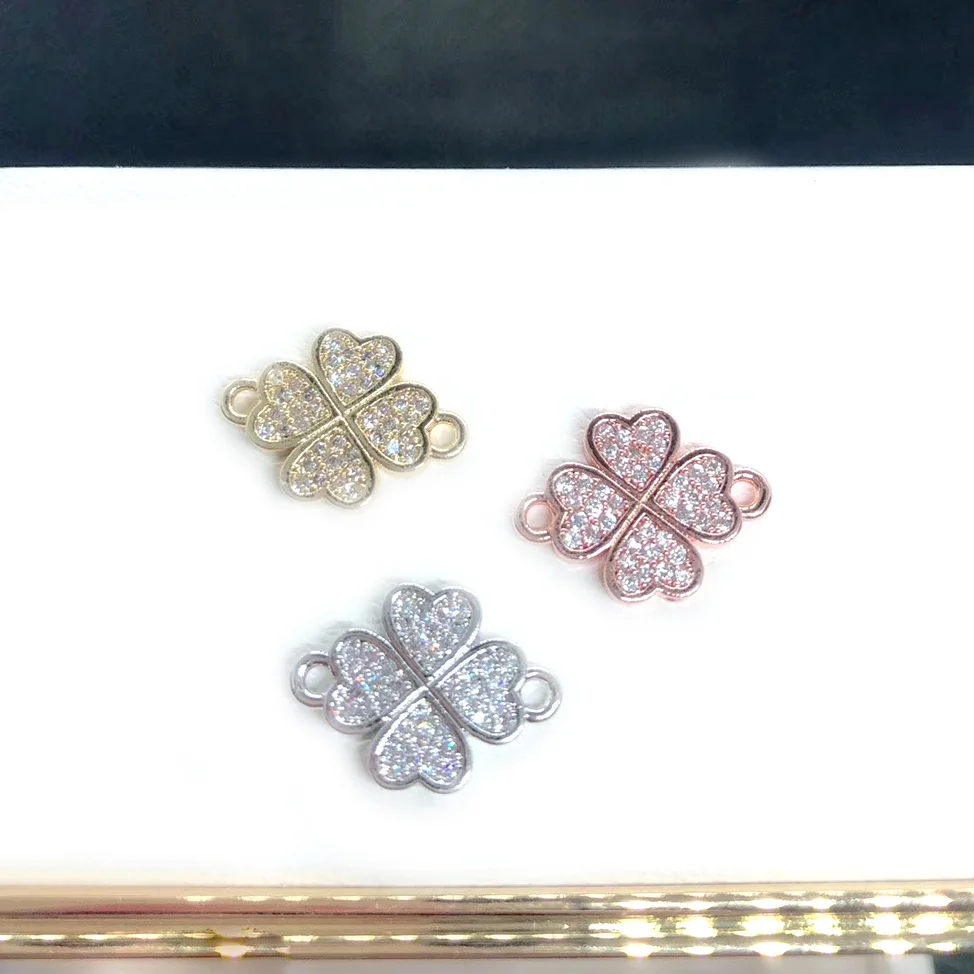 

DIY CZ Micro Pave Clover Bracelet Connector High Quality Jewelry Pendants Parts