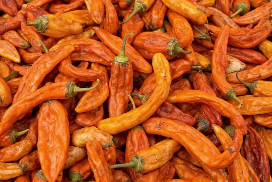Close-up of dried Flying Dragon peppers arranged in decorative pattern showing their distinctive curved shapes