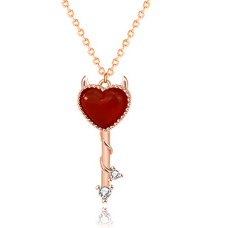 

Devil Horn Red Heart Gem Pendant Necklace Key Pendant Creative Necklace Exquisite March 8th Gift Necklace, Rose gold
