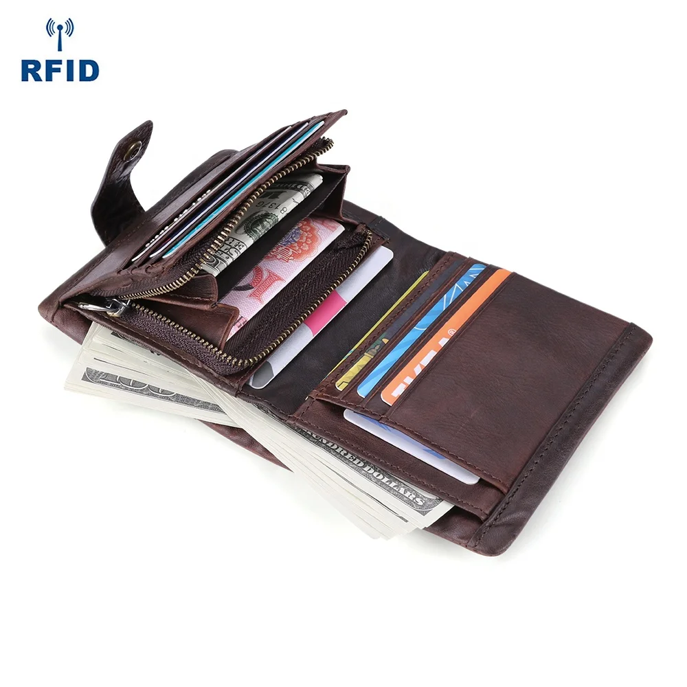 

2021 New Fashion Custom Crazy Horse Leather Purse Rfid 3 Fold Genuine Cow Leather Wallet For Men With Coin Pocket, Chocolate