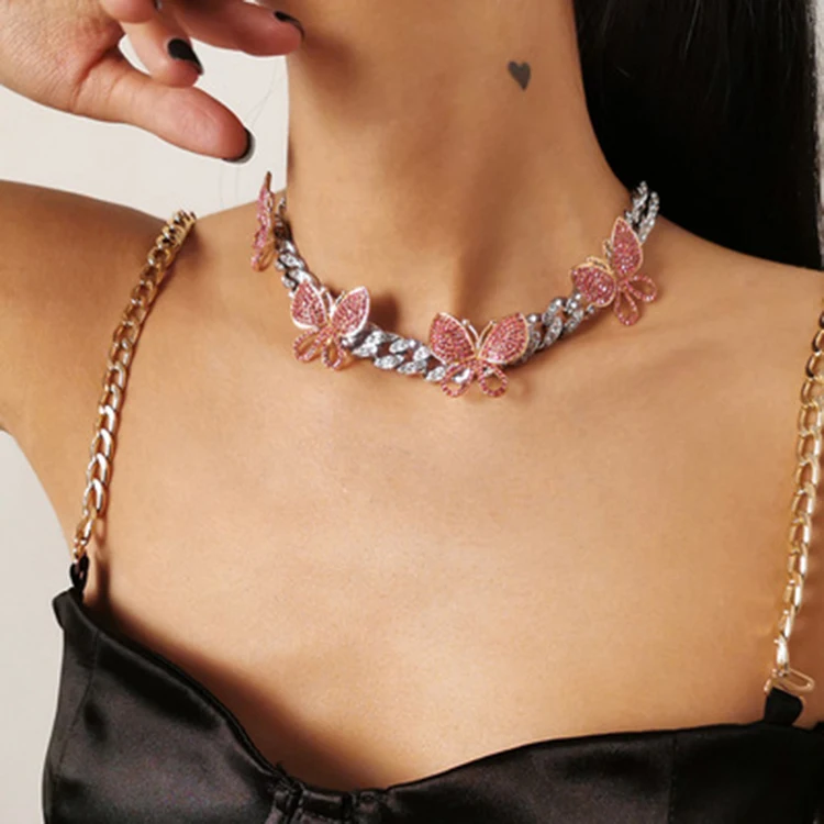 

Fashion Cuban Big Diamond Silver Plated Chain Butterfly Necklace for Women
