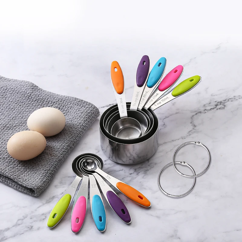 

10 Piece Amazon Hot Sell Stainless Steel Measuring Cups and Spoons Set with Silicone Grips Handle Metal Measuring Scoops, All panton color available