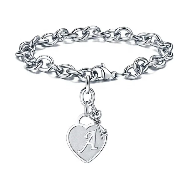 

Wholesale Heart Initial Bracelets For Women Gifts Engraved 26 Letters Initial Adjustable Bangle Stainless Steel Charms Bracelets