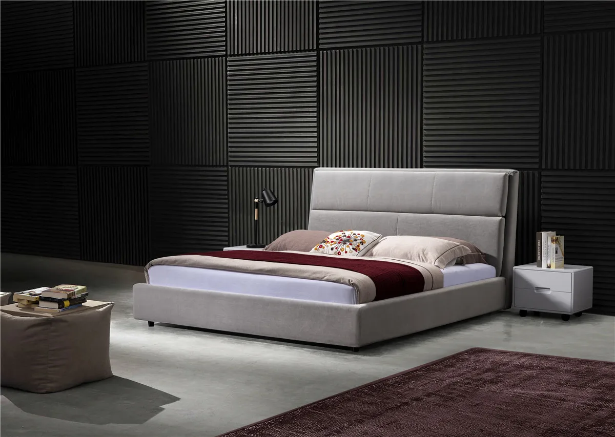 Custom modern design grey velvet soft wooden furniture queen fabric bed