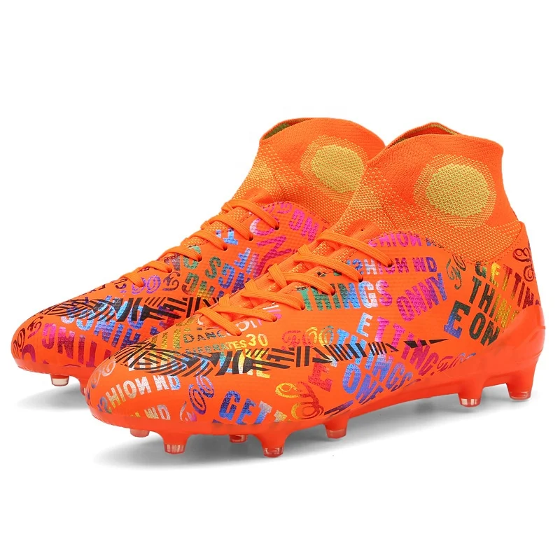 

Amazon Hot Selling Designer Graffiti Letters Breathable Non-Slip Flat Spikes School Kids Soccer Shoes Football Boots For Men, 8colors