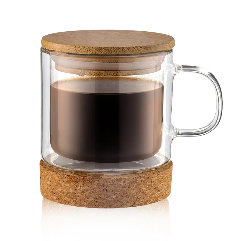 

Reusable Double Wall Insulated coffee mug double wall glass travel coffee mug with Cork 250ml, Transparent