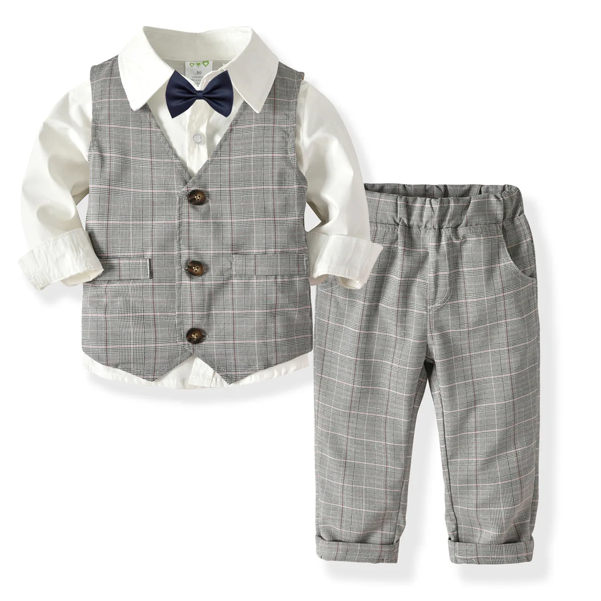 

Kid Boy Clothes Gentleman Grey Vest + Long-Sleeved White Pink Shirt + Pants 3 Piece Suits Infant Children Outfits, Gray,white,pink