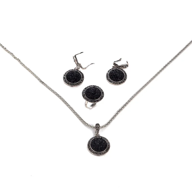 

1 Set Vintage Silver Color Rhinestone Necklace Earrings Ring Set Bohemia Black Broken Stone Wedding Jewelry Sets Women, Picture