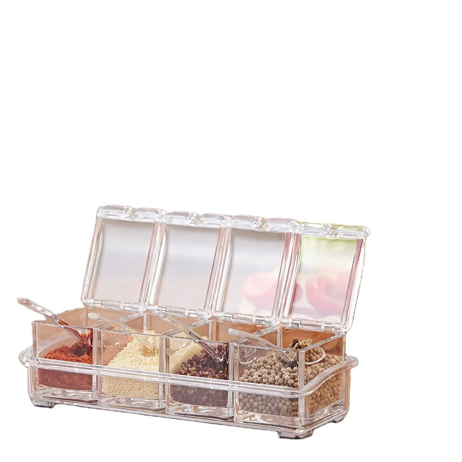 

Square Simple Household Cooking Utensils Crystal Clamshell 4 Grid Seasoning Box Jar Bottle Seasoning Box Plate Set, Transparent