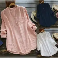 

Women Plus Size Cotton Blouse Summer Solid V Neck Blouses Loose Baggy Tops Tunic Cotton Shirts Women Button Long Sleeve Tops