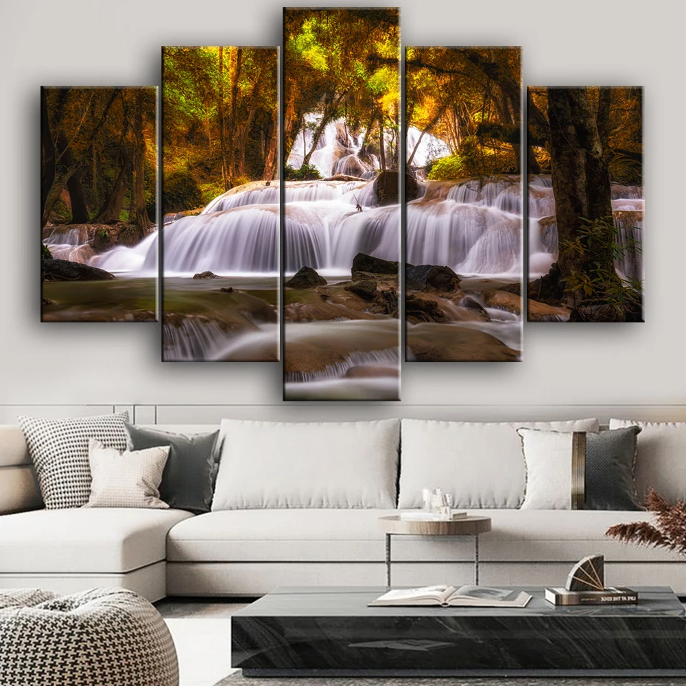 

5 Panel Natural Landscapes Decorative Painting Forest Waterfall Wall Decor Forest River Canvas Painting Natural Scenery Wall Art
