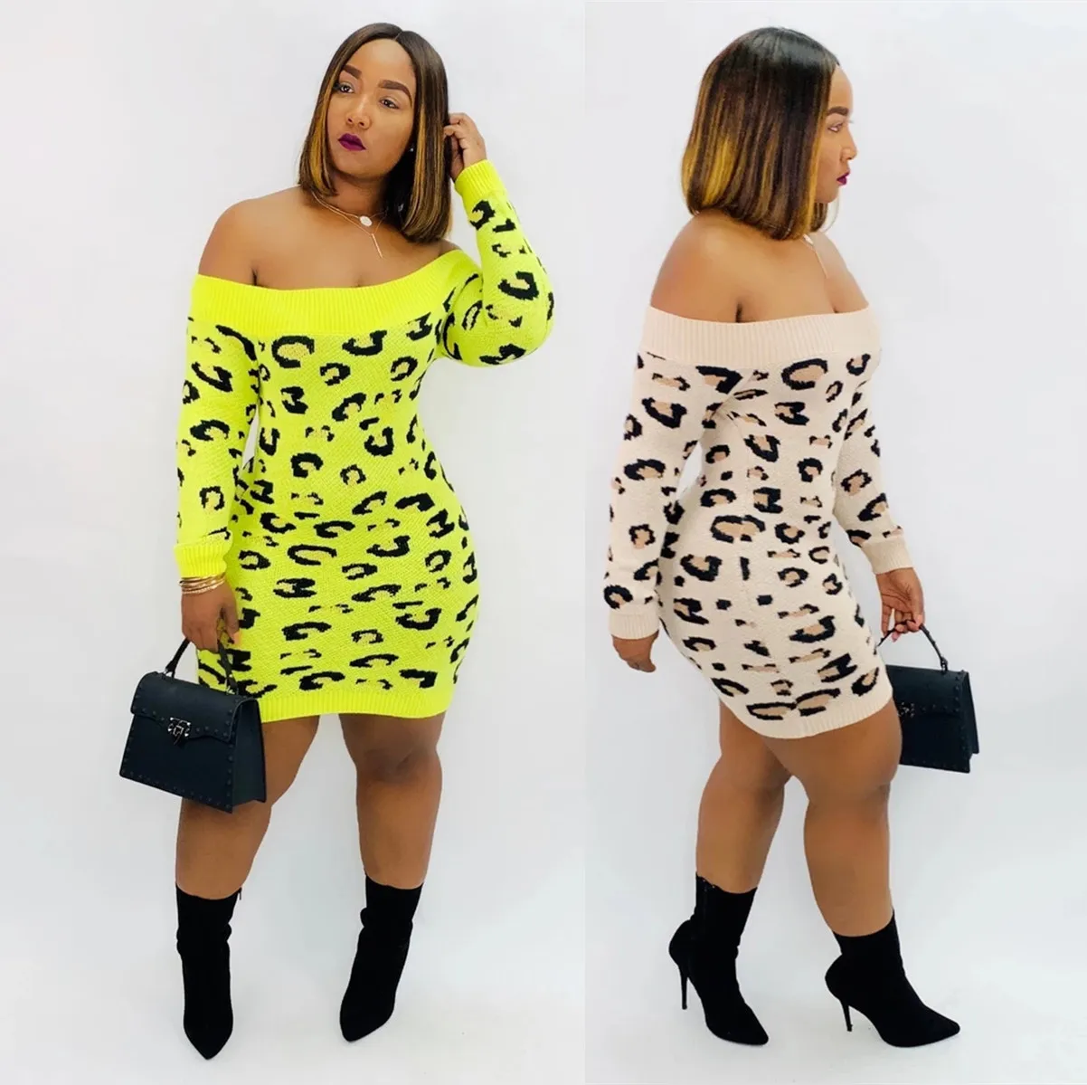

New Arrival 2020 Fall Winter Off The Shoulder Women Dresses Casual Leopard Print Plus Size Dress, As pictures