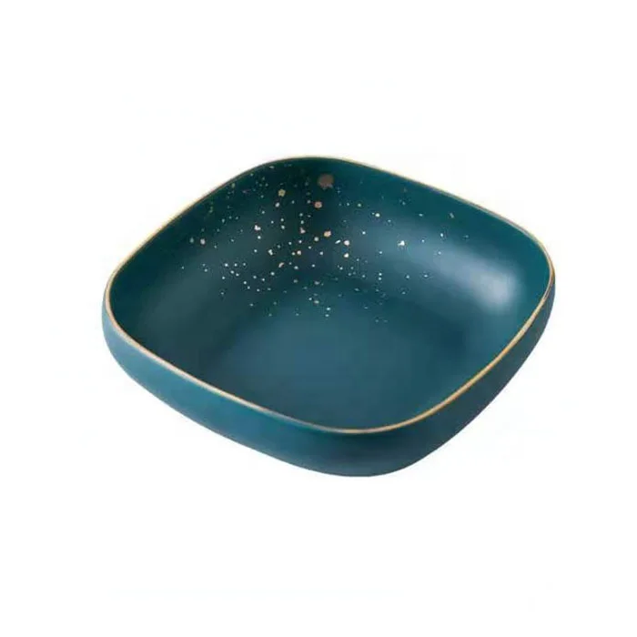 

Hot selling square novelty dark blue with gold point design ceramic rice soup cereal bowl for restaurant, Customized color