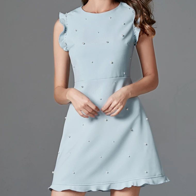 

2019 ZY high quality women sleeveless round neck lace back beading party evening dress, Blue , white