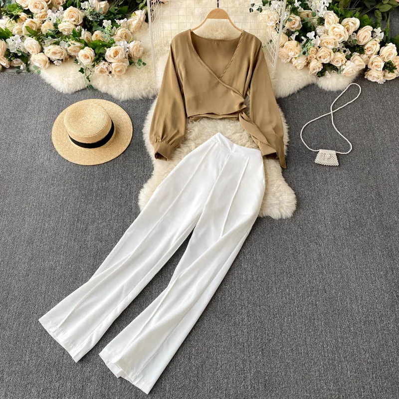 

Set Women's Shirt Women's Commuter Wide Leg Pants Two Piece Set, Picture color