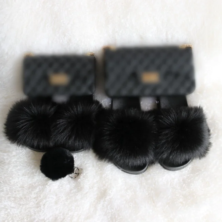 

color matching fluffy sandals slippers mommy and me fur slides and purse