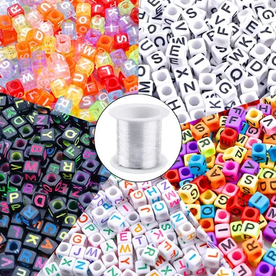 

Amazon Hot Fashion 5 Colors 1400pcs Acrylic Alphabet Cube Beads Letter Beads with 1 Roll Crystal String Cord