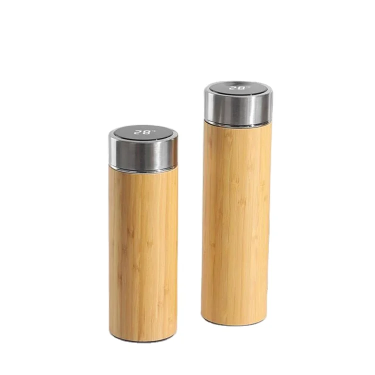 

Smart Stainless Steel Double Wall Water Bottle Insulated Bamboo Thermo Flask with Temperature Display, Customized color acceptable