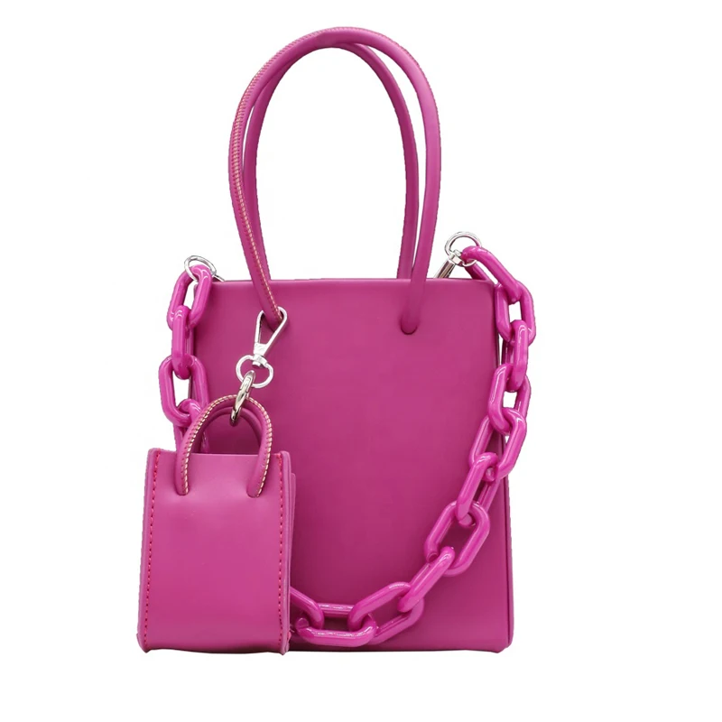 

Acrylic Chain Shoulder Bag 2 in 1 Solid Color Elegant Female Handbags 2021 PU Leather Wallets