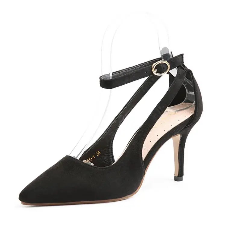 

New type of button suede with pointed toe and thin heel shoes women heels, Black apricot