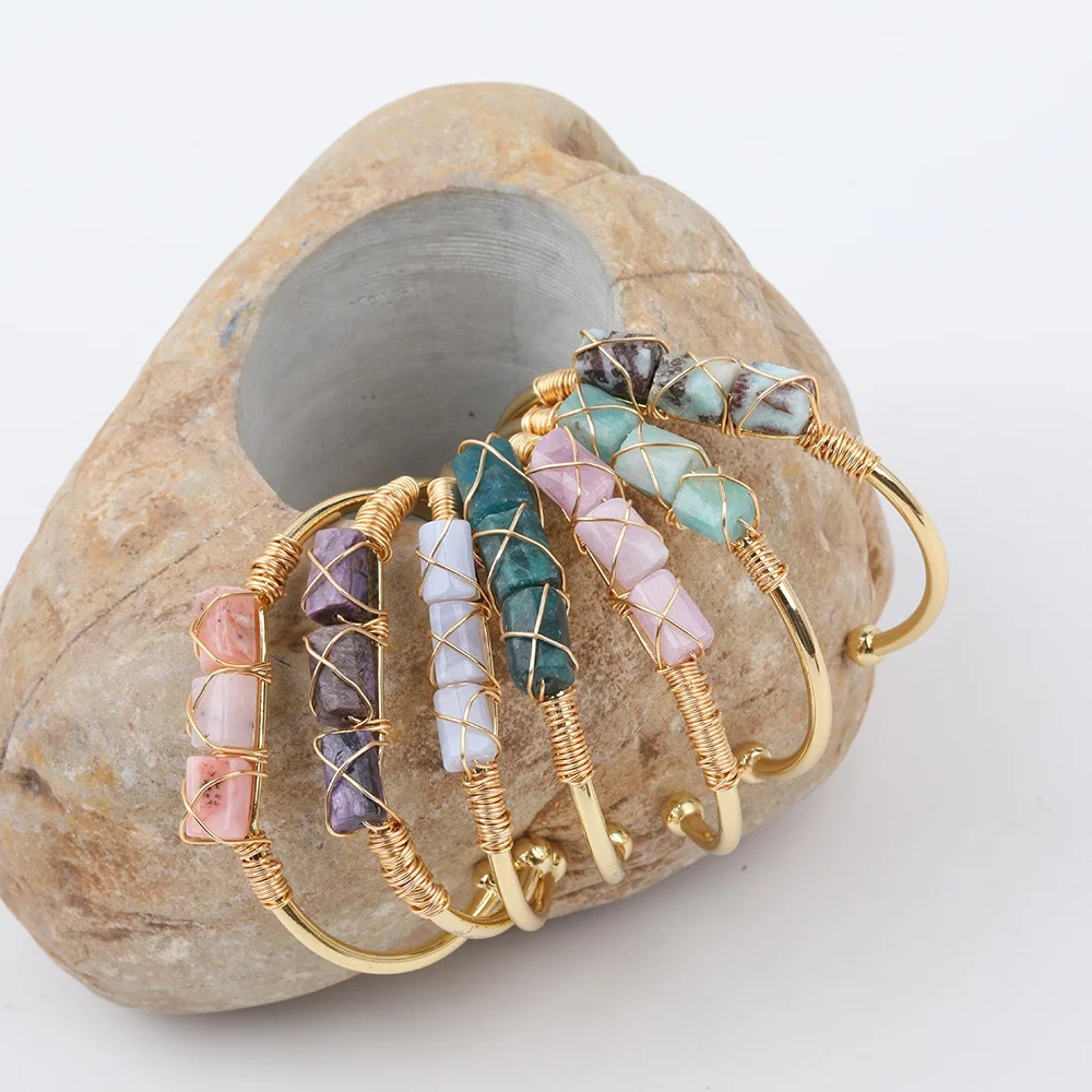 

Sparkly Amazing!Mix Gemstone Bracelets Bangle Amazonite Stone Wire Wrapped Bangle with Gold Plating Cuff, As picture