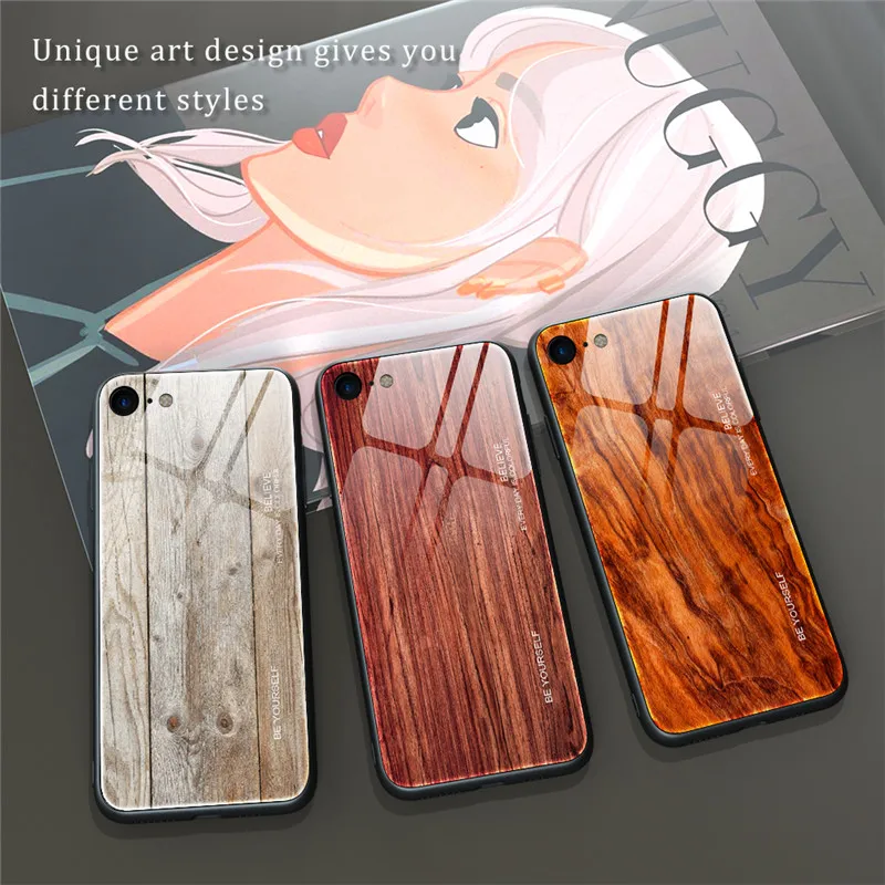 

2020 New Wood Grain Tempered Glass Phone Case For iPhone 11 12 Pro Max 7 8 6 Plus X XS XR, Black,white,blue,pink...