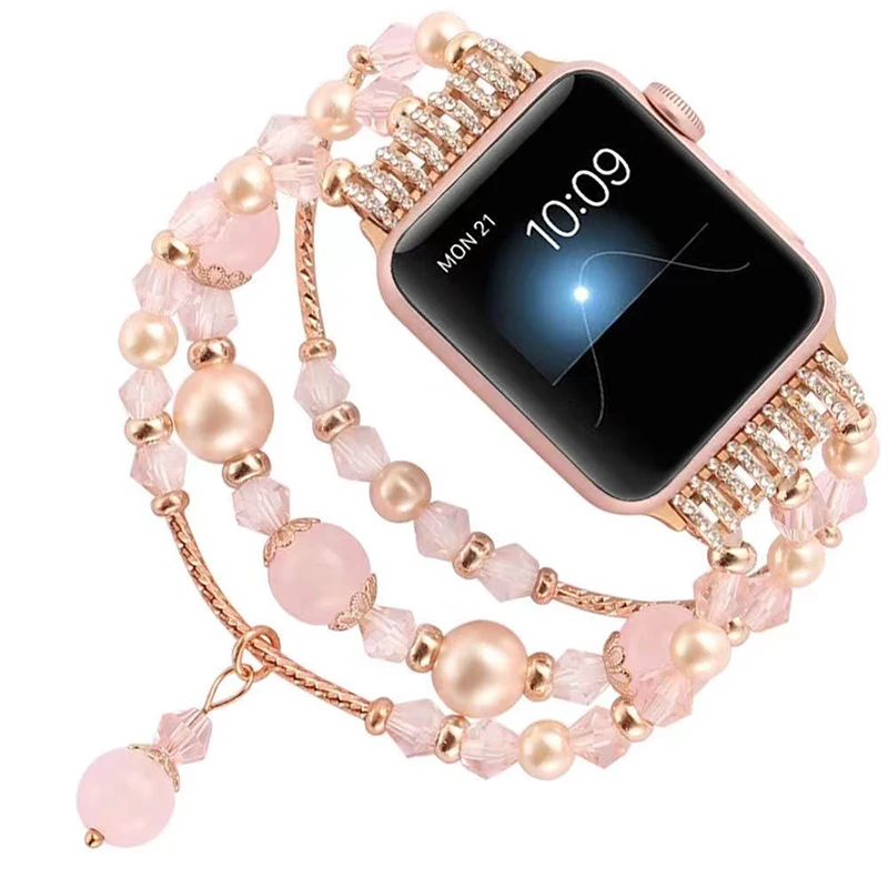 

Women Fashion Charm for Apple Watch Band Beads Elastic Luxury Crystal Pearl Replacement Strap for iWatch Series 6 5 4 3 SE 40mm, Multi colors. customized color is welcome