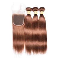 

Top Quality Virgin Human Hair Bundles Brown Color Straight Peruvian Hair With Closure