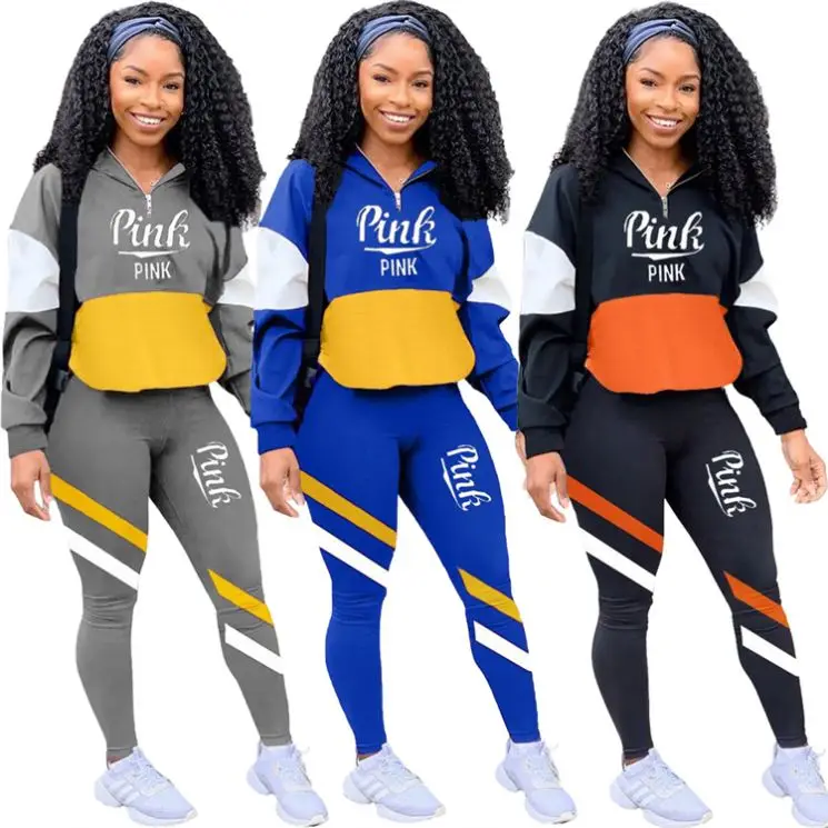 

Casual Ladies Sport Sweatshirt Hoodie Patchwork Letter Print Fall Jogging Women 2 Piece Set, Picture